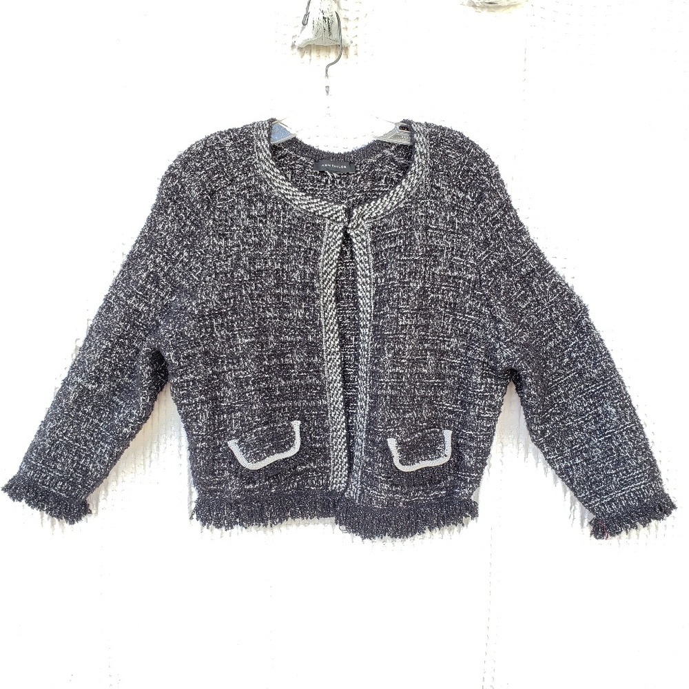 Ann Taylor tweed black and white jacket w/fringe